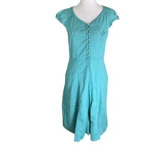 Vintage Korean Brand Teal Cap Sleeve Dress 0Button Front & Shimmer Design Size M